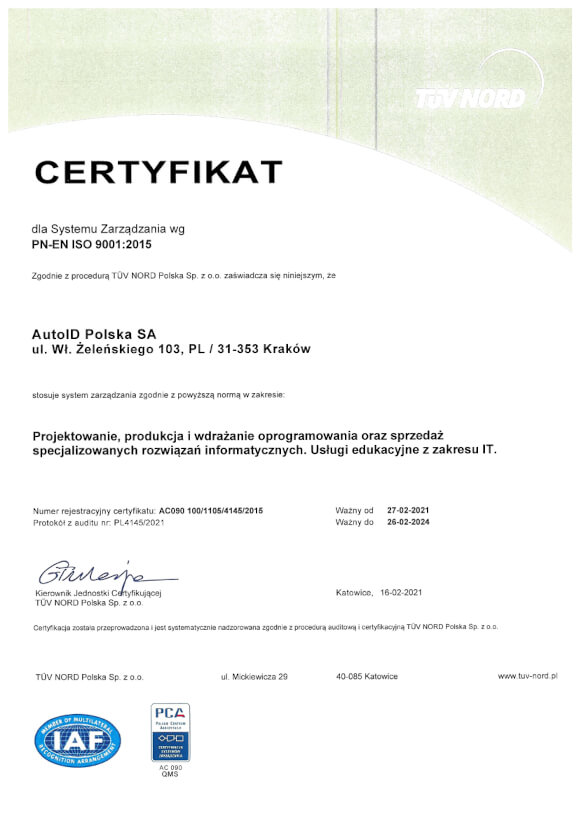Certyfikat TUV Nord Centyfikat ISO 9001:2015 2021 PL