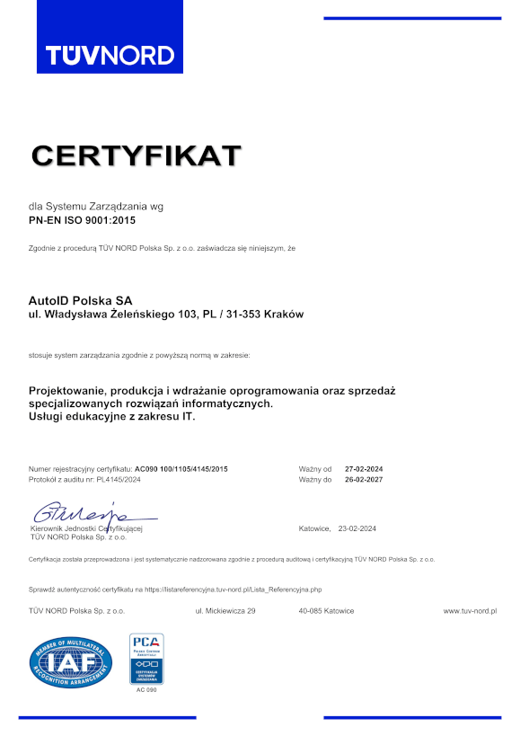 Certyfikat TUV Nord Centyfikat ISO 9001:2015 2021 PL